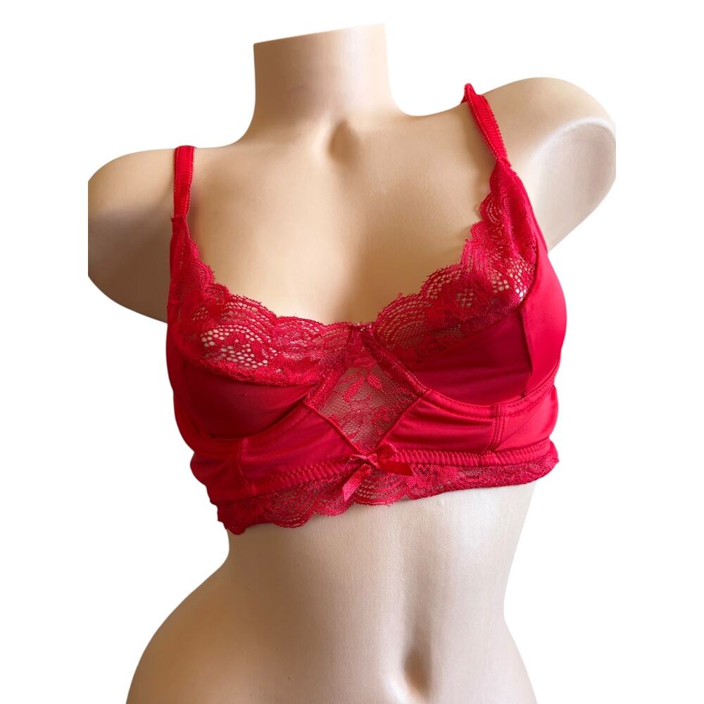 Red Satin & Lace Longline Bralette Bustier womens size large lingerie crop top